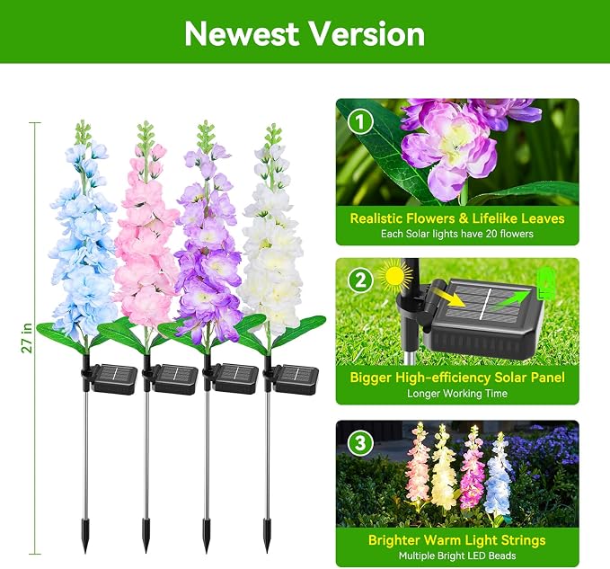 KOOPER Solar Lights Outdoor Garden Decor, 8 Pack Upgraded Delphinium Solar - Image 6