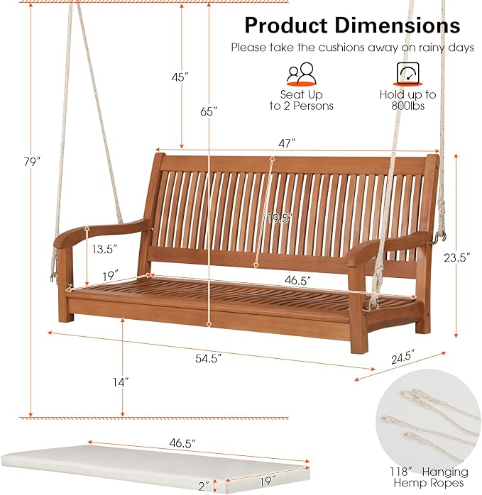 Tangkula 2 Person Hanging Porch Swing, Outdoor Bench Swing - Image 4