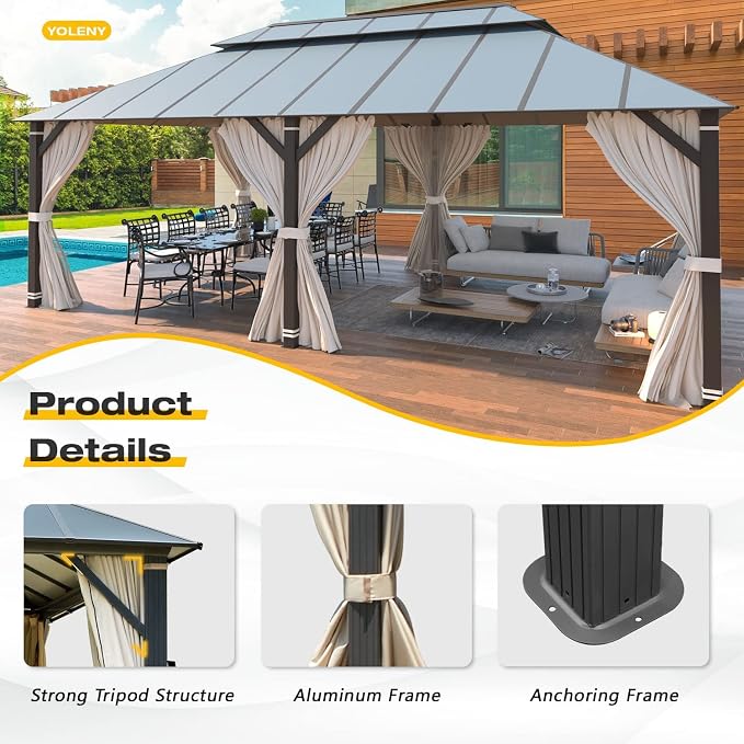 YOLENY 12' X 20' Hardtop Gazebo, Aluminum Composite Ventilation Double Roof - Image 8