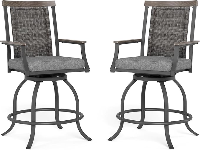 MFSTUDIO Outdoor Counter Height Bar Stool Set of 2, Swivel Rattan Backrest by MFSTUDIO