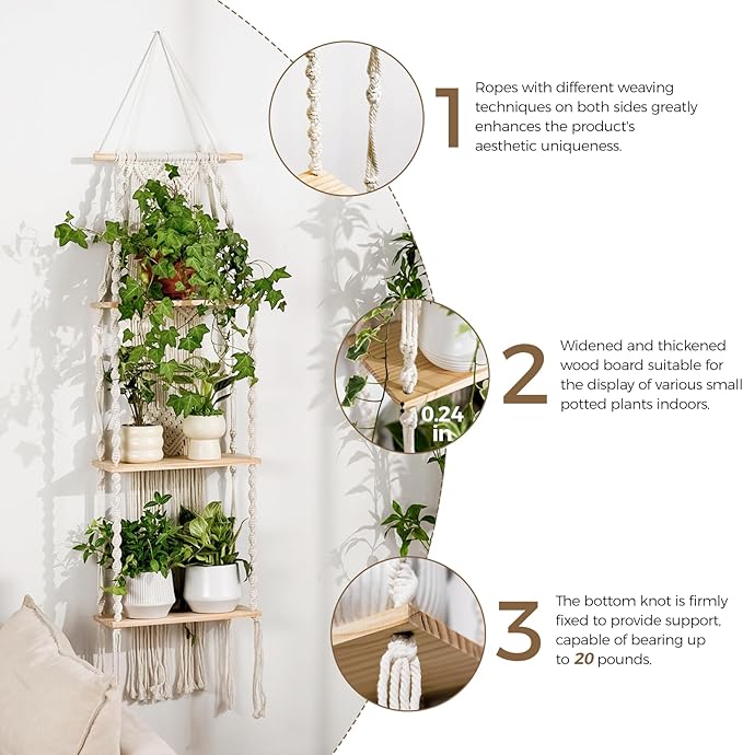 Bamworld Plant Wall Shelf Boho Plant Stand Window Plant Shelf 3 Tier Macrame - Image 5