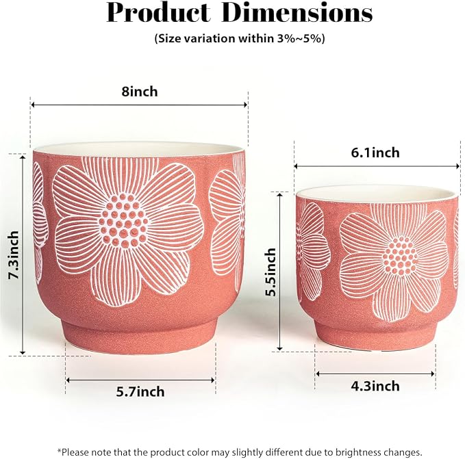 YBX 8 Inch + 6 Inch White Flower Pattern Plant Pots, Sand Glazed Ceramic Planter - Image 5