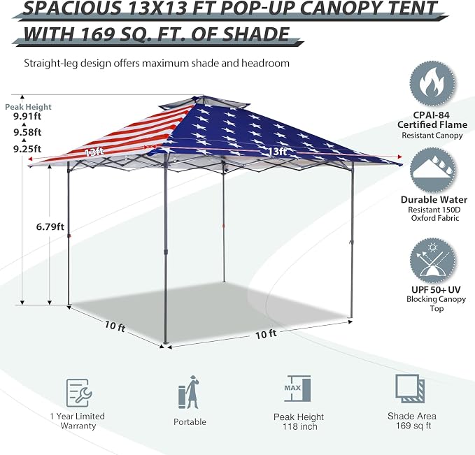 EAGLE PEAK 13x13 Straight Leg Pop Up Canopy Tent Instant Outdoor Canopy Easy - Image 3