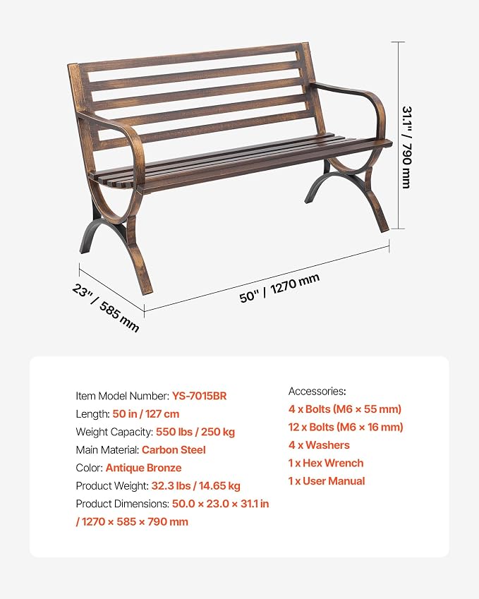 VEVOR Outdoor Bench, 50 inch, Carbon Steel Metal Frame - Image 8