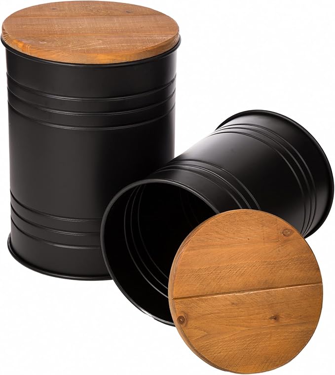 Glitzhome Rustic End Table Set of 2, Farmhouse Galvanized Metal Barrel Ottoman - Image 8
