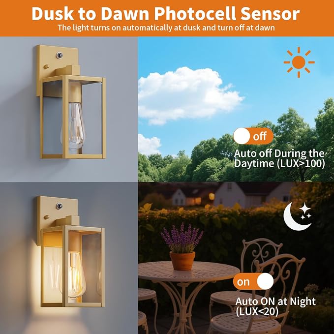 2 Pack Gold Dusk to Dawn Outdoor Front Porch Light Fixtures Wall Mount - Image 2