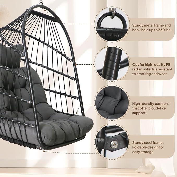 Chihee Egg Chair with Ultra Strong Stand and Cushion Foldable Wicker Rattan - Image 4