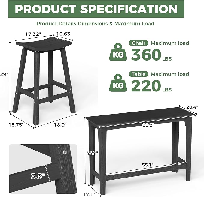 Outdoor Patio Bar Height Table and Tall Stools Set of 2, All-Weather HDPE High - Image 2