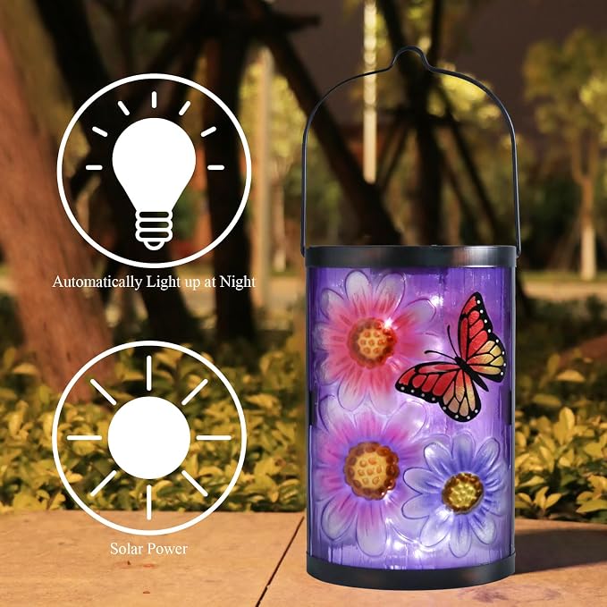 Hanging Solar Lantern Outdoor Waterproof Flowers Butterfly Solar Lights Glass - Image 4