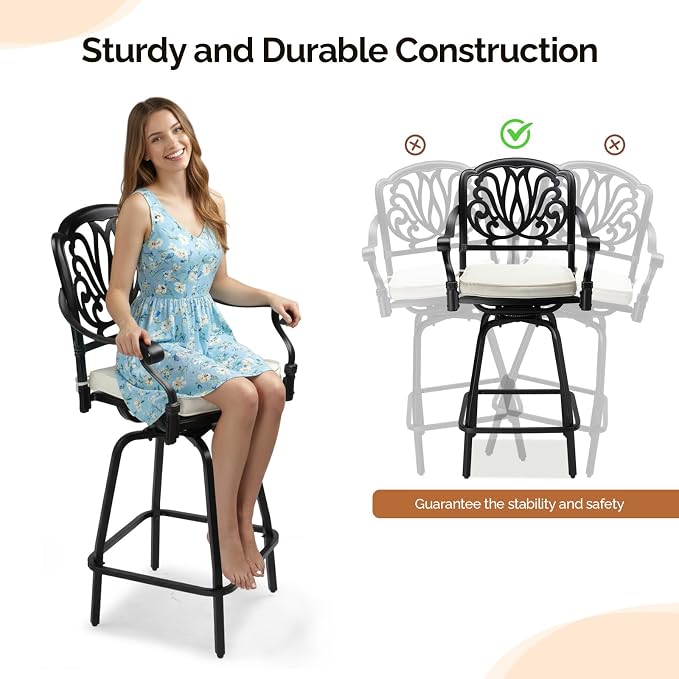 VINGLI Outdoor Swivel Bar Stools Set of 2, Cast Aluminum Patio Bar Height Chairs - Image 5