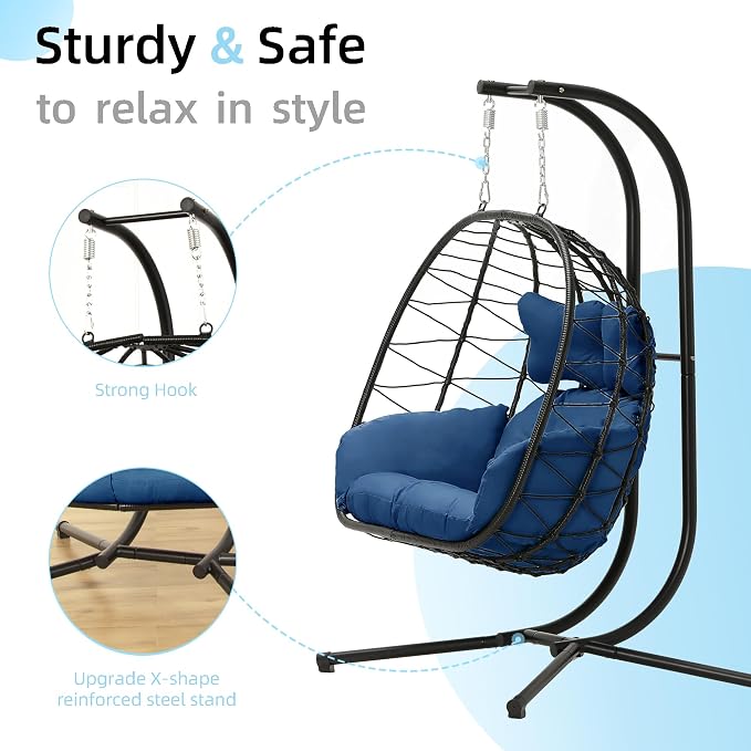 Double Egg Chair with Stand Hammock Swing Chair Foldable Hanging Loveseat - Image 4