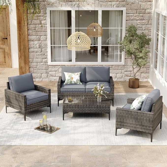 4-Piece Patio Furniture Set, Outdoor Wicker Patio Conversation Set by JOYURE