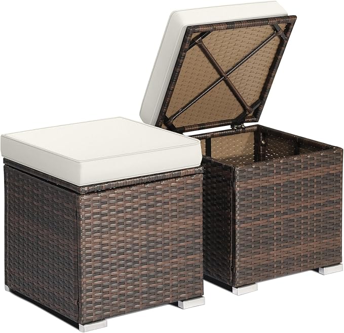 RELAX4LIFE Wicker Outdoor Storage Ottoman, 2-Piece Rattan Footstool w/Removable by RELAX4LIFE