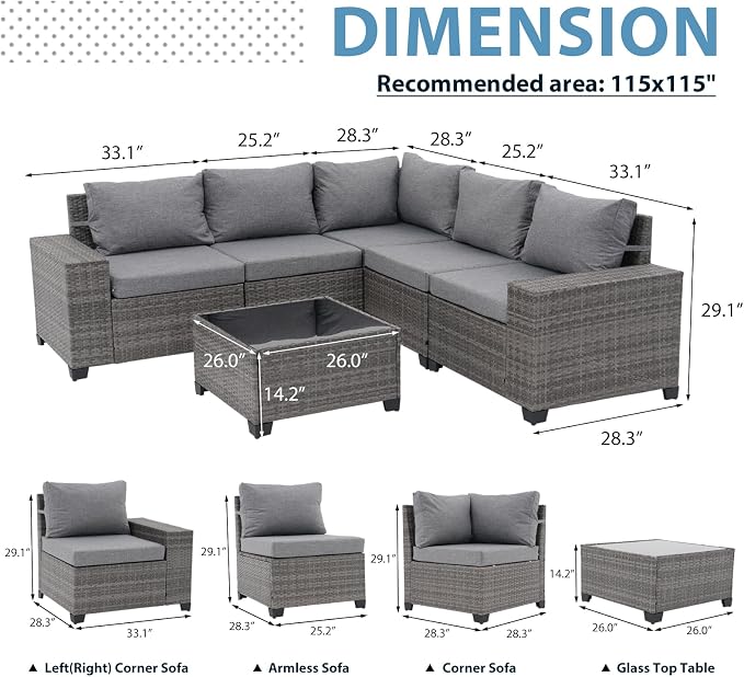 JOIVI 6 Pieces Outdoor Patio Furniture Set, Rattan Patio Sectional Sofa - Image 6