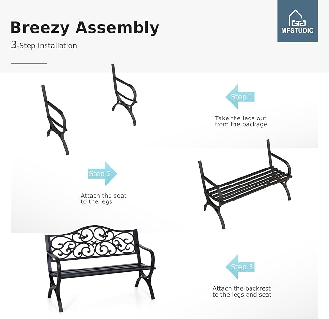 MFSTUDIO 50 Inches Outdoor Garden Bench, Cast Iron Metal Frame Patio Park Bench - Image 9