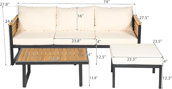 Patio Furniture Set, Outdoor 3-Piece Acacia Wood and Metal Patio Sofa Set - Image 3