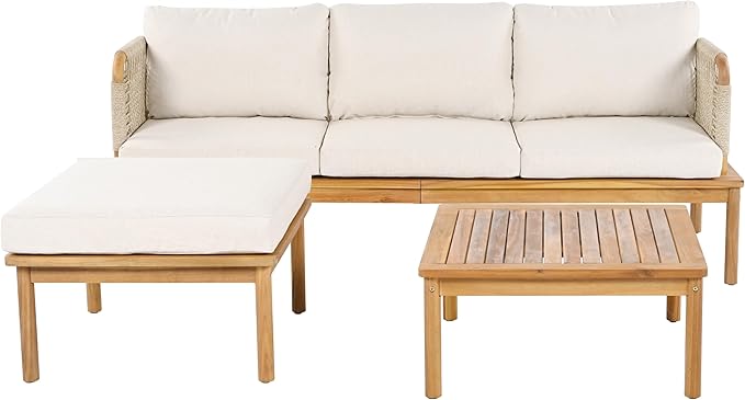 3-Piece L-Shape Outdoor Furniture Set, Outdoor Acacia Wood and Rope Patio Sofa - Image 4