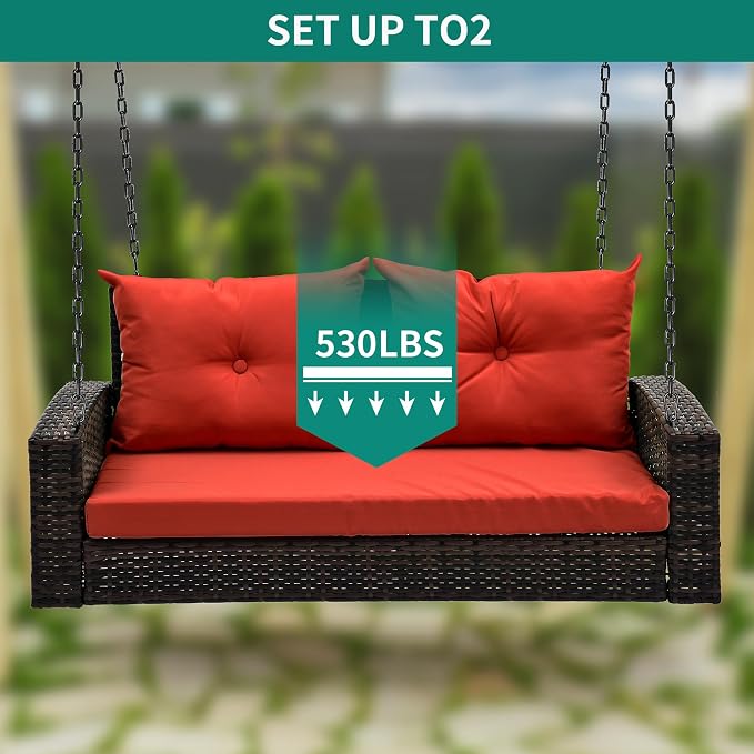 YITAHOME Wicker Hanging Porch Swing Chair Outdoor Brown Rattan Patio Swing - Image 4