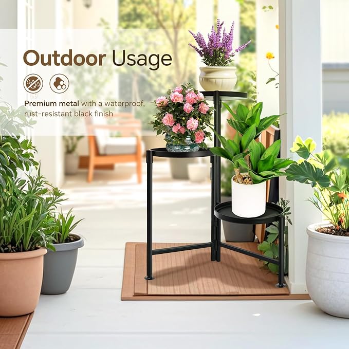 3 Tier Plant Stand Indoor, Metal Plant Shelf Outdoor, Foldable Corner Tall - Image 4