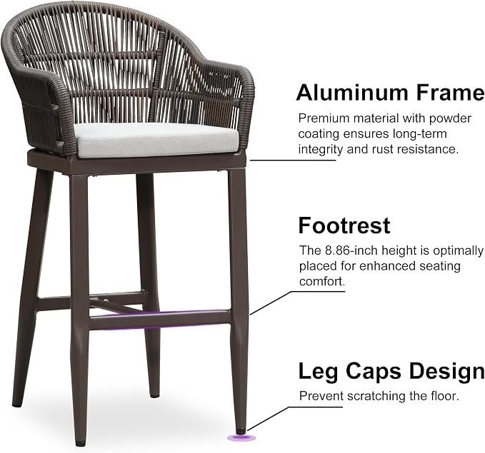 PURPLE LEAF Outdoor Bar Height Stools Set of 2 Patio Metal Modern Wicker Rattan - Image 8