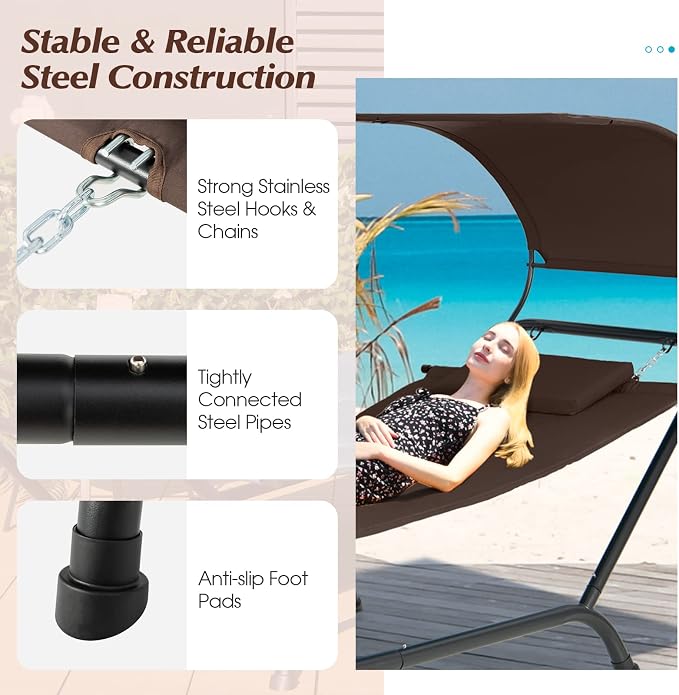 Giantex Hanging Hammock with Stand, Patio Hanging Chaise Lounge Chair w/Canopy - Image 3