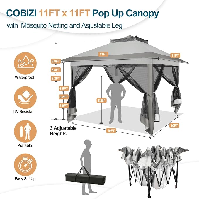 COBIZI 11x11 Pop Up Gazebo Canopy Tent Easy Up Outdoor Gazebo Waterproof - Image 3