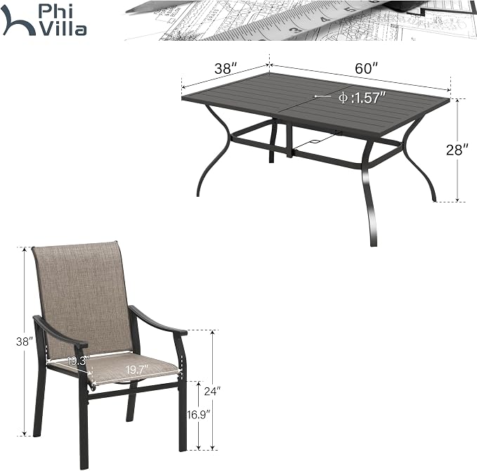 PHI VILLA Outdoor Dining Set for 6, Patio Chairs withTextilene Fabric and Metal - Image 7