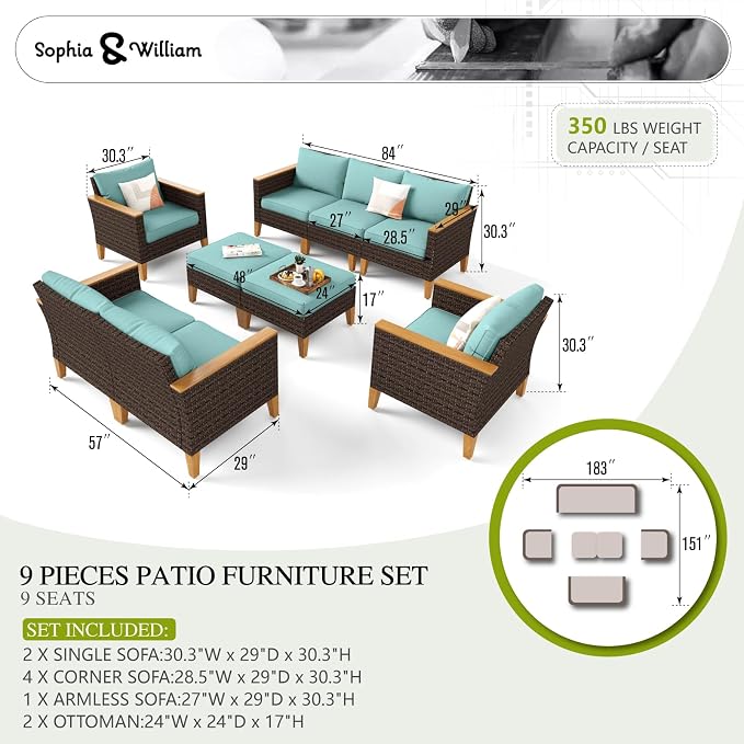 Sophia & William Patio Furniture Sets, 9 Piece Sectional Outdoor Rattan Wicker - Image 7