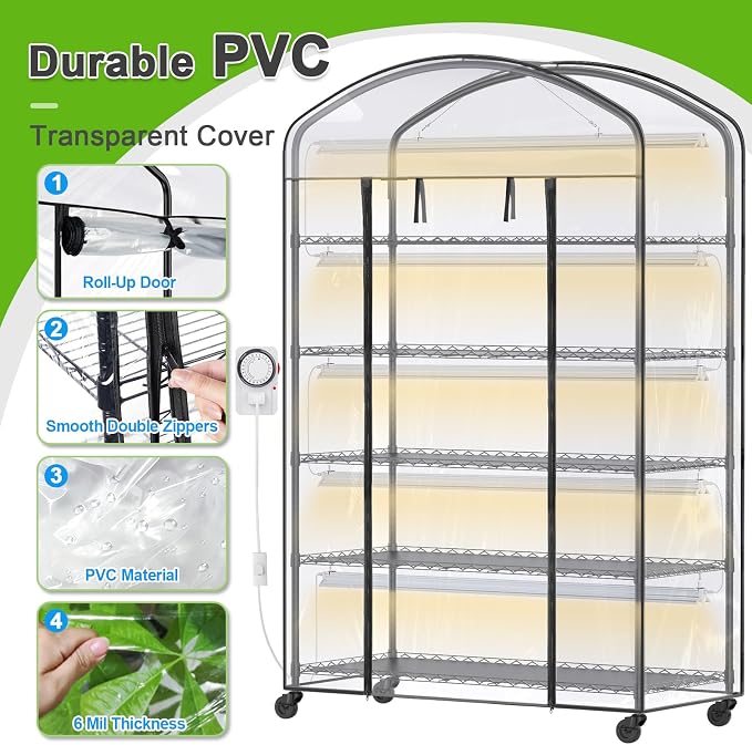 Abimars 5-Tier Greenhouse with Grow Light, Shelf Height Adjustable Metal Plant - Image 6
