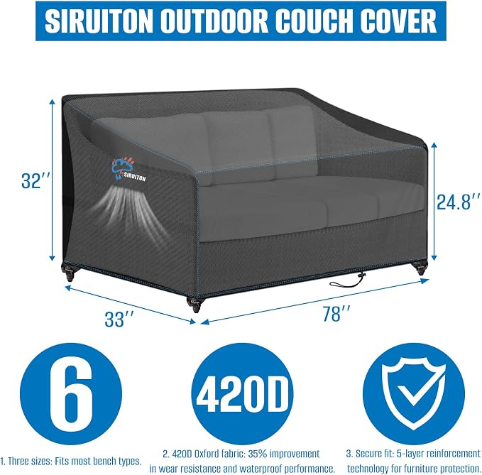 SIRUITON 2-Seat 78" W x 33" D x 32" H Garden Patio Sofa/Loveseat/Bench Cover - Image 2