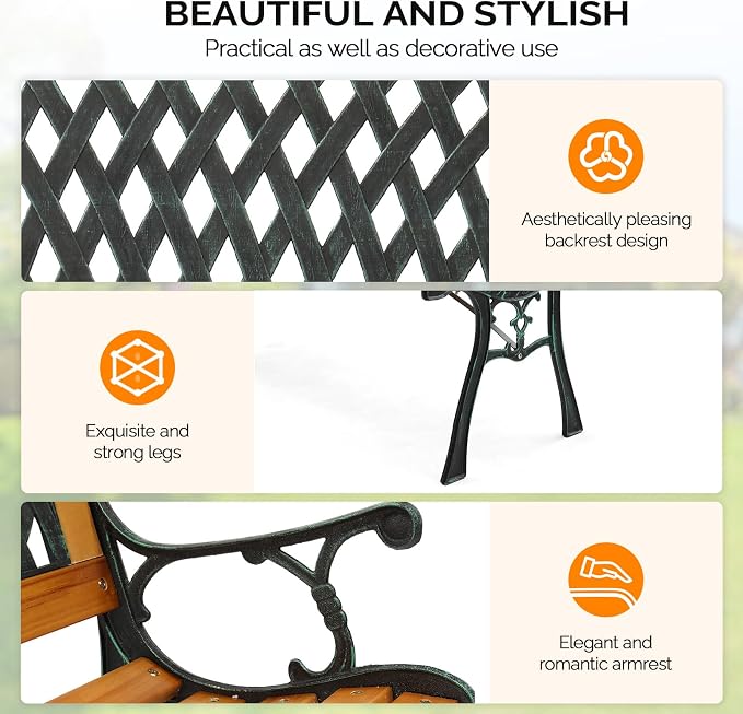 VINGLI Outdoor Bench Metal Garden Bench, Wood Patio Benches w/PVC Backrest Cast - Image 5