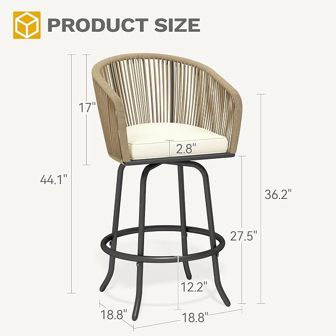 DWVO Outdoor Counter Height Bar Stools Set of 2, Patio Swivel Bar Chairs - Image 2