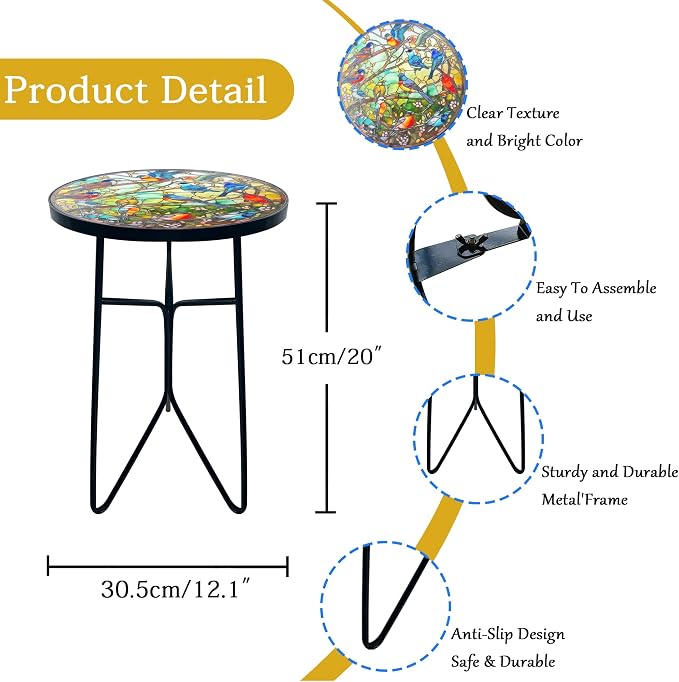 Mosaic Hummingbird Outdoor Side Tea Table, Glass Plant Tables Indoor Decorative - Image 3