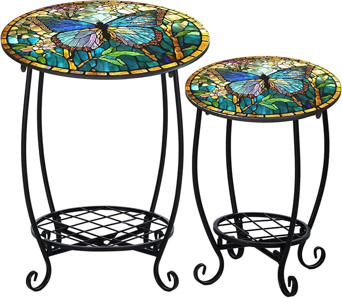 2 Pcs Outdoor Side Table Small Patio Round Mosaic Accent Indoor End Table Plant by Cinnvoice