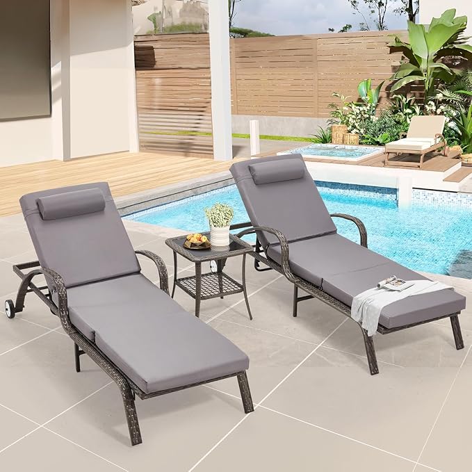 HOMREST Pool Lounge Chairs Set of 3, Outdoor Wicker Chaise Lounge Chair by HOMREST