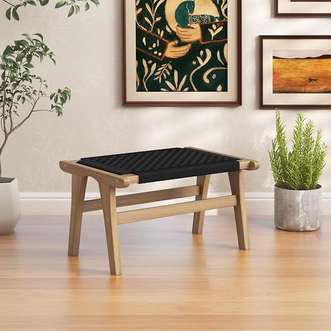 Tangkula Teak Ottoman Footstool, Natural Teak Wood Foot Rest - Image 2