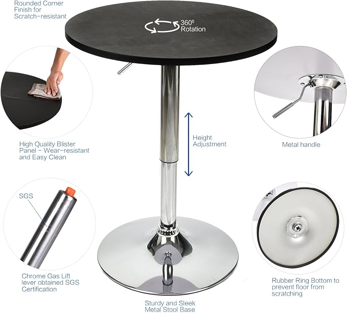 ARTETHYS Bar Table and Chairs Set of 3 Height Adjustable Round Black Pub Desk - Image 9