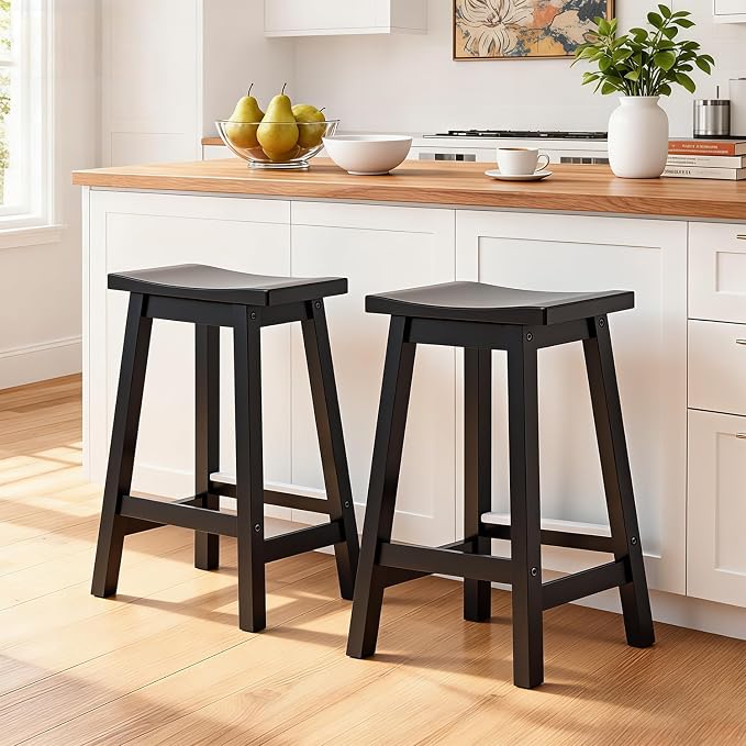 PayLessHere Bar Stools Set of 2, Wooden Saddle Stools 24 Inch Heigh, Bar Chairs - Image 2