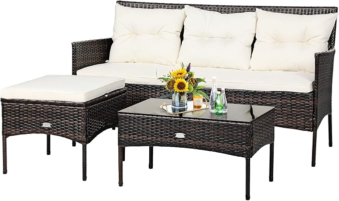 Tangkula 3 Pieces Patio Conversation Set, Outdoor PE Rattan Wicker Furniture by TANGKULA