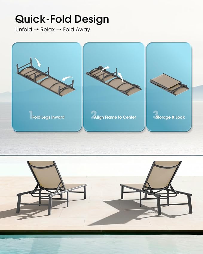 Ciokea Foldable Outdoor Lounge Chair Set of 4, No Assembly Aluminum Chaise - Image 3