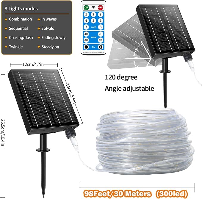 98FT Waterproof 300LEDs Solar Rope Lights, Type C Charging, Remote-Controlled - Image 5