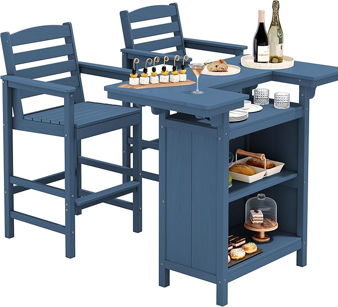 SERWALL Outdoor Bar Table Set – HDPE Blue Patio Bar Cabinet by SERWALL
