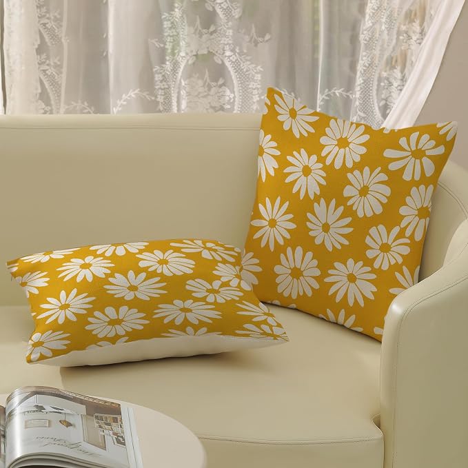 Mustard Yellow Pillow Covers 18x18 Inch 2 Pcs Daisy Floral Summer Outdoor Decor - Image 4