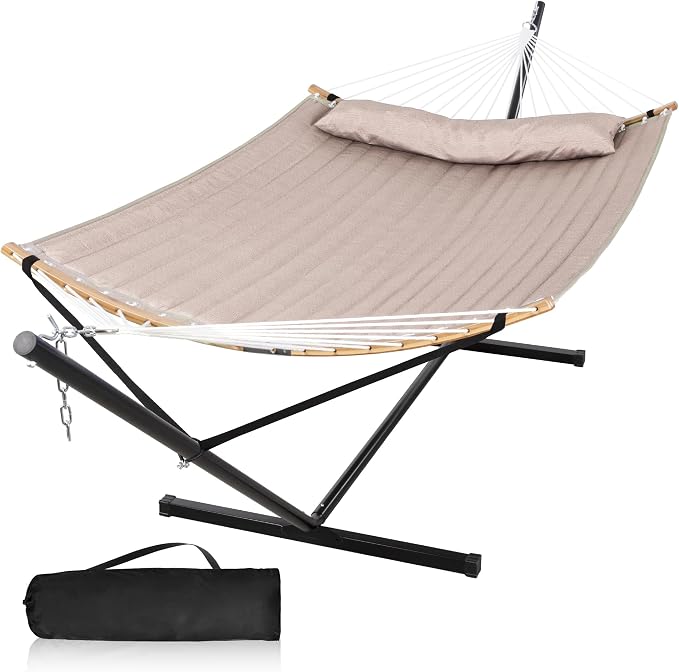 Double Hammock with 12 FT Stand, 2 Person Curved Bar Hammock with Stand by MansionHome