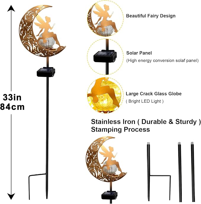 YJFWAL 2 Pack Garden Solar Lights Pathway Stake Lights Moon Fairy Glass Globe - Image 4