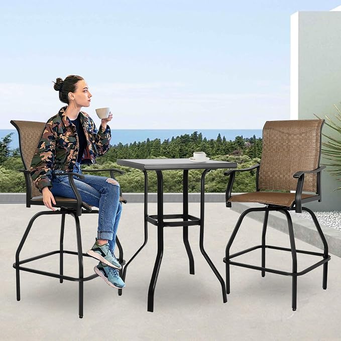 LEVELEVE Patio Bar Set 3pcs Swivel Bar Stools Outdoor Bistro Textilene - Image 8