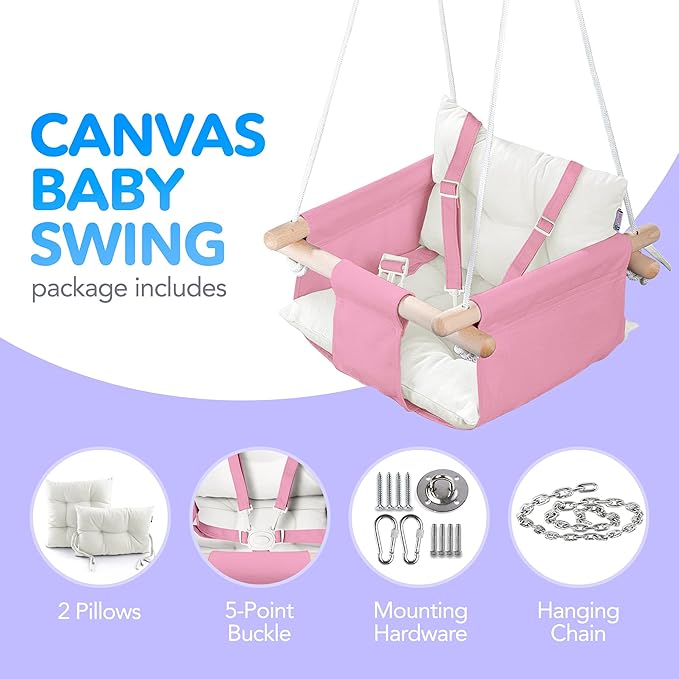 CaTeam - Canvas Baby Swing, Wooden Hanging Swing Seat Chair - Image 3