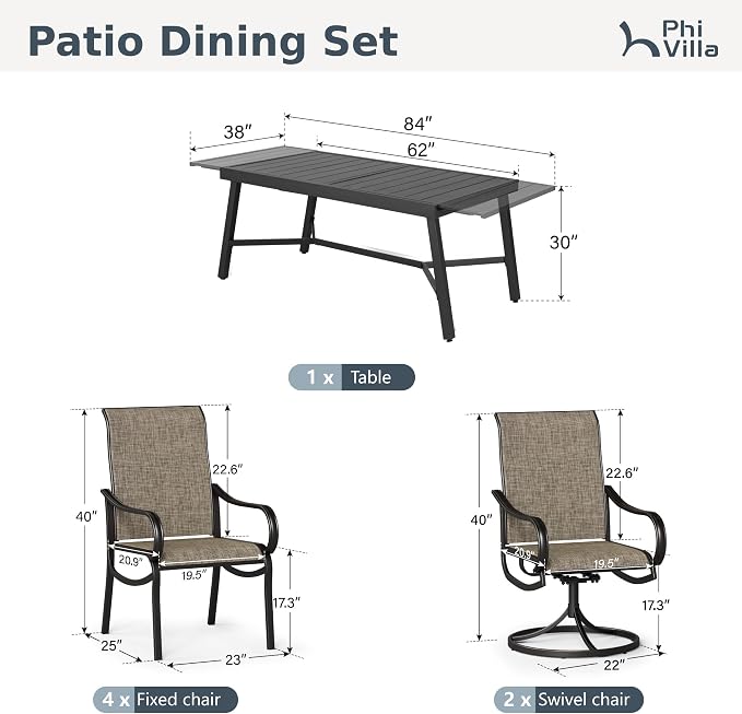 PHI VILLA Outdoor Dining Set for 6 Person, Expandable Table for 6-8 Person and - Image 9