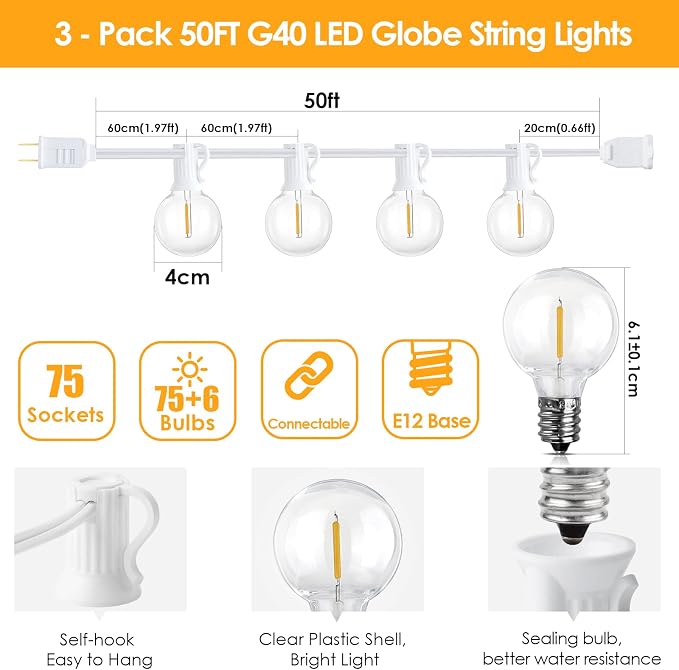 Mlambert 150Ft Outdoor String Lights, Connectable G40 Globe Patio Lights - Image 4