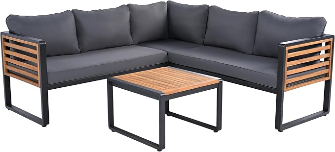 4 Pieces Outdoor Patio Conservation Set, Metal and Wood Frame Sectional - Image 2